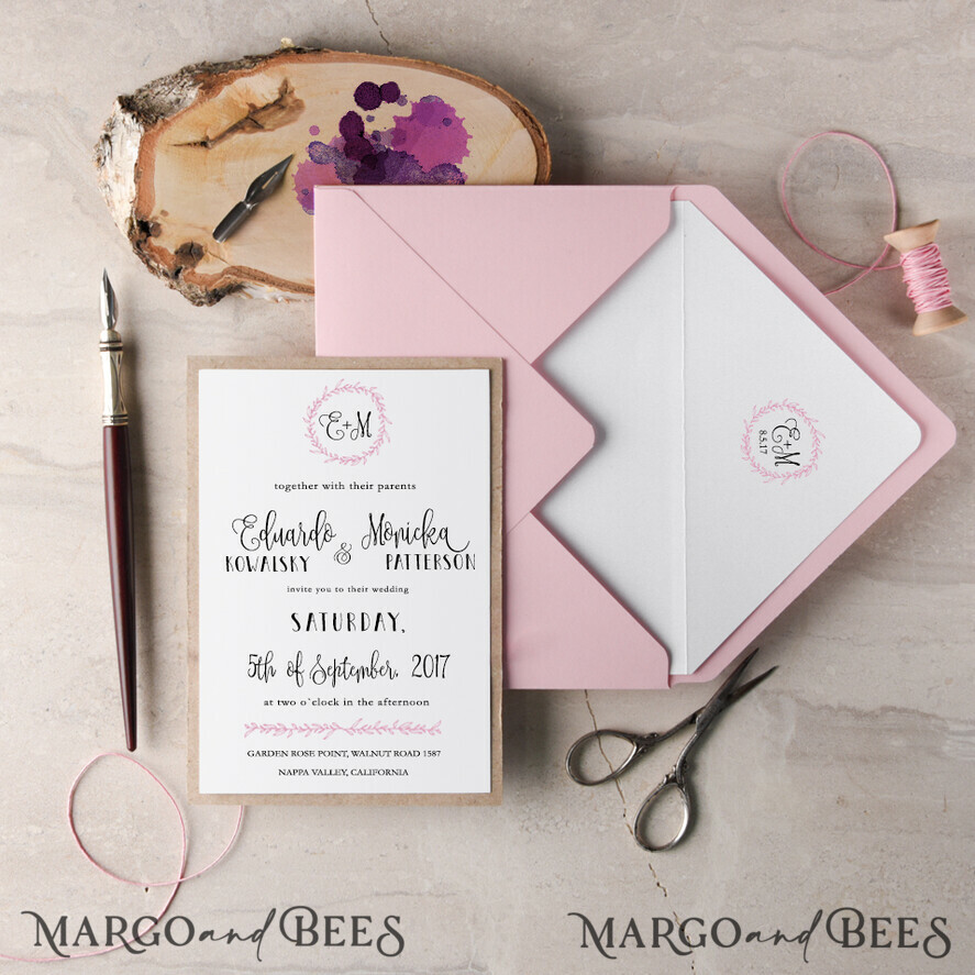 WEDDING INVITATIONS Elegant Invites Classic Cards Elegant Wedding Invitations Floral Wreath Personalized Invitations Petal Pink Paper Wooden Heart Invites with Monogram Envelope Liner