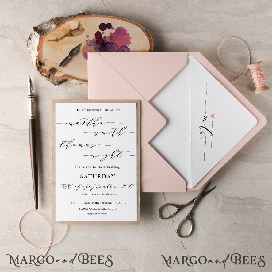 WEDDING INVITATIONS Elegant Invites Classic Cards Classic Wedding Invitations Elegant Stationery with Peach Envelope Monogram Liner