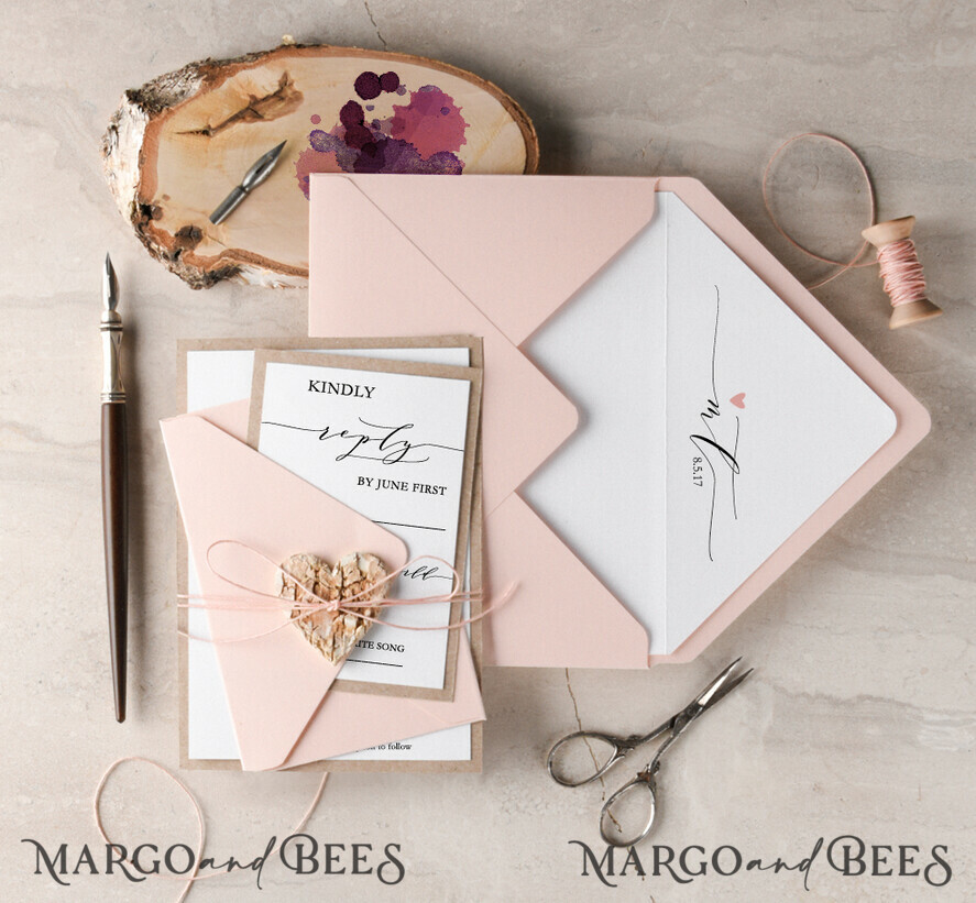 WEDDING INVITATIONS Elegant Invites Classic Cards Classic Wedding Invitations Elegant Stationery with Peach Envelope Monogram Liner