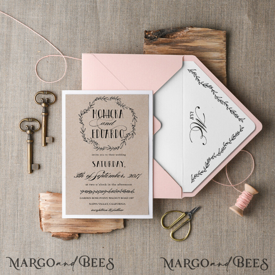 WEDDING INVITATIONS Elegant Invites Classic Cards Rustic Wedding Invitation Suite Floral wreath Personalized Invitations Peach Paper Wooden Heart Invites with Monogram Envelope Liner and Twine