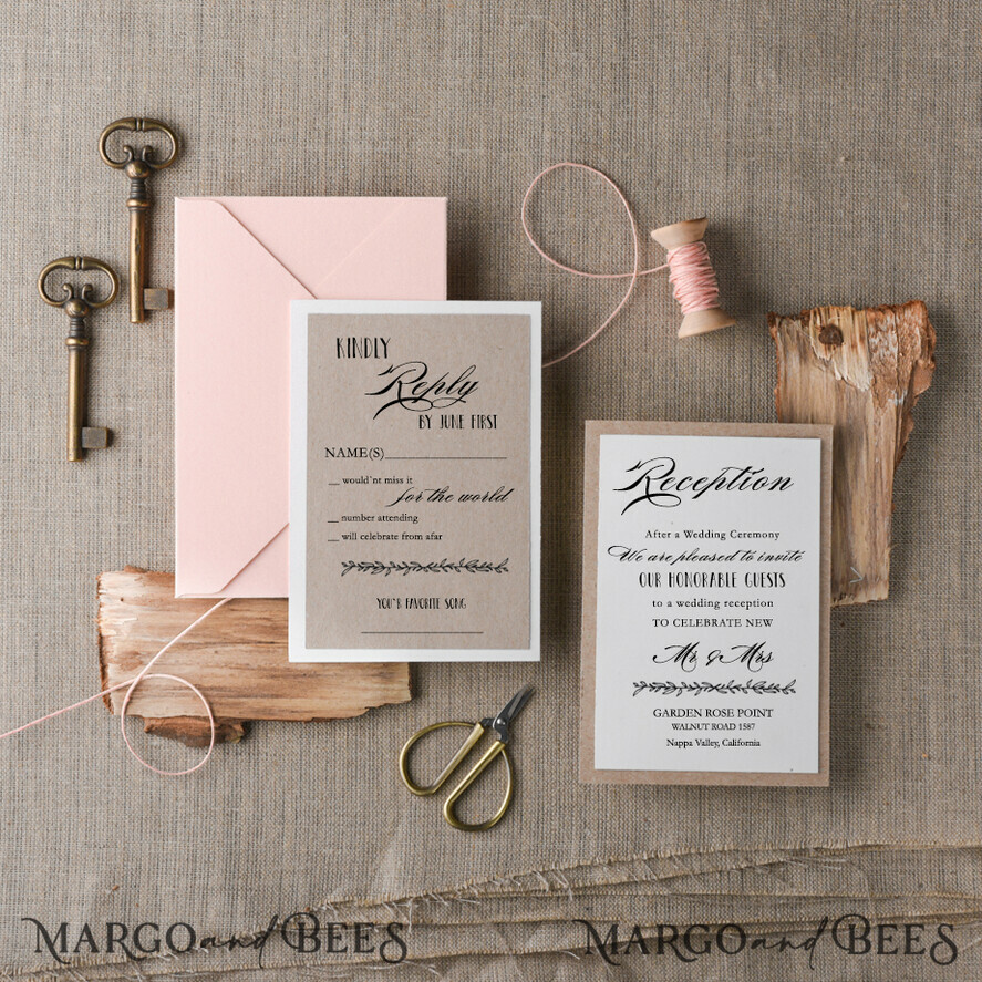 WEDDING INVITATIONS Elegant Invites Classic Cards Rustic Wedding Invitation Suite Floral wreath Personalized Invitations Peach Paper Wooden Heart Invites with Monogram Envelope Liner and Twine