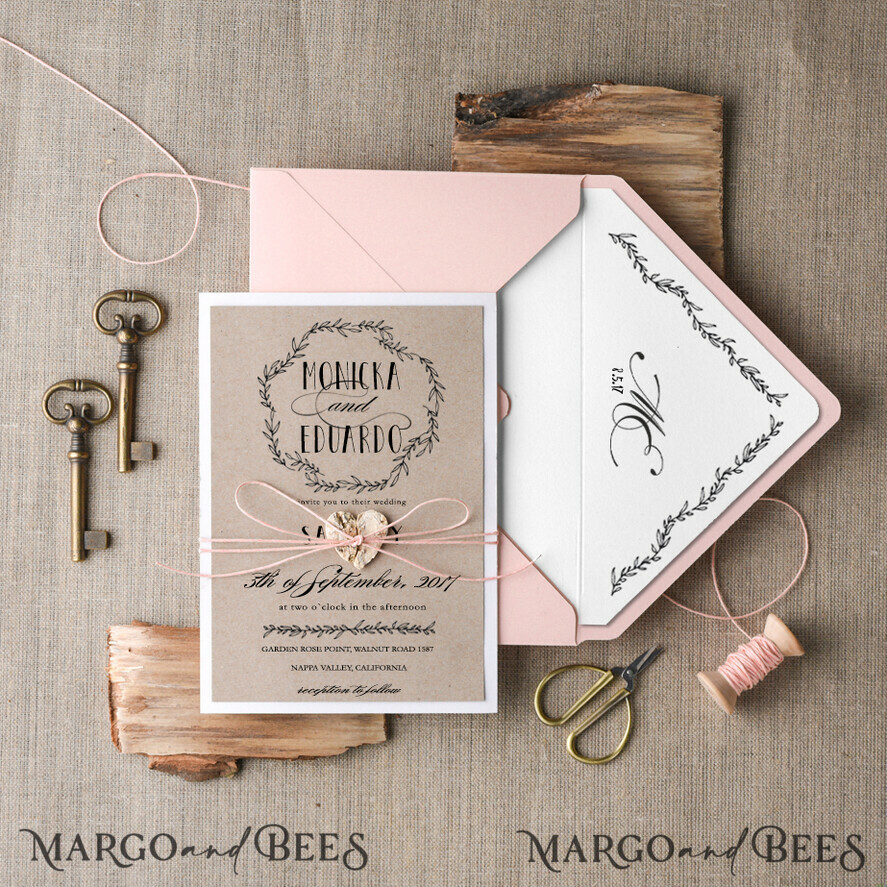 WEDDING INVITATIONS Elegant Invites Classic Cards Rustic Wedding Invitation Suite Floral wreath Personalized Invitations Peach Paper Wooden Heart Invites with Monogram Envelope Liner and Twine