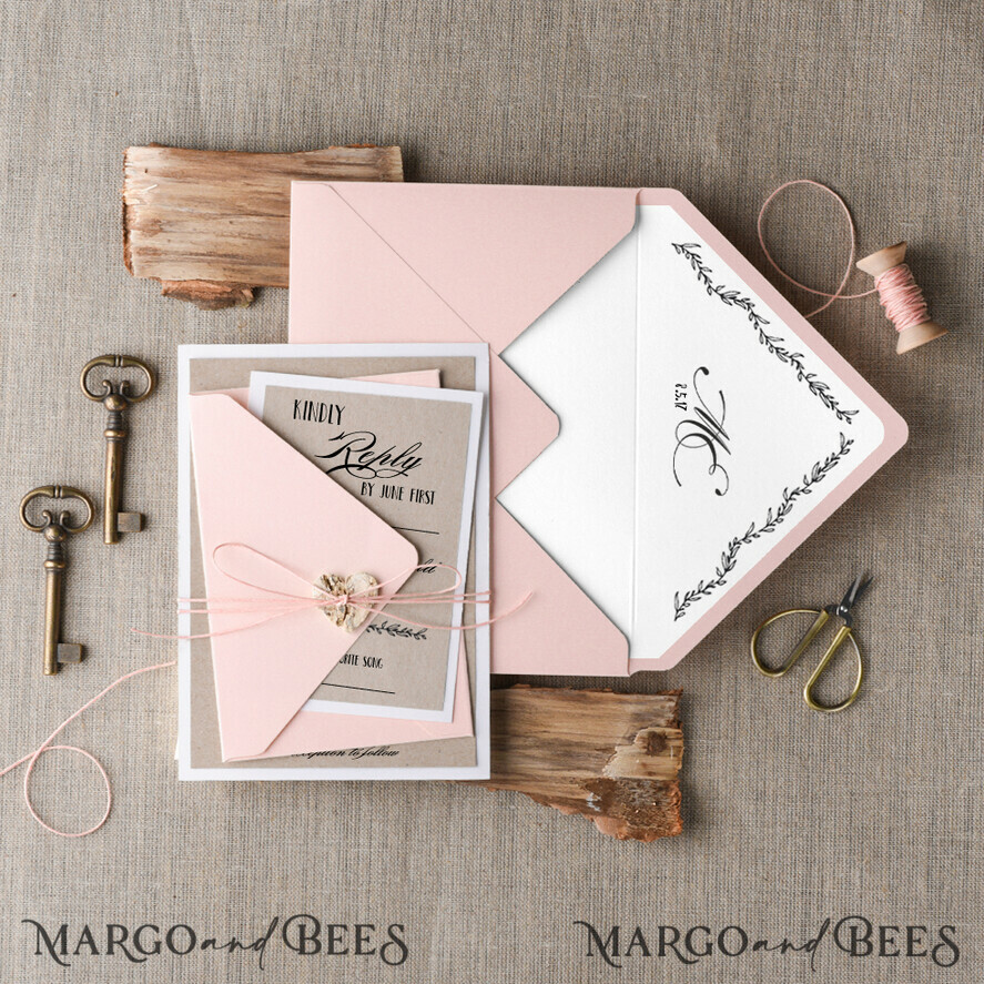WEDDING INVITATIONS Elegant Invites Classic Cards Rustic Wedding Invitation Suite Floral wreath Personalized Invitations Peach Paper Wooden Heart Invites with Monogram Envelope Liner and Twine