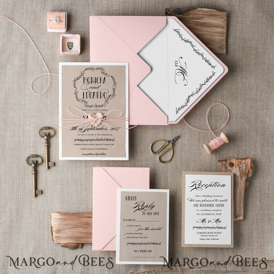 WEDDING INVITATIONS Elegant Invites Classic Cards Rustic Wedding Invitation Suite Floral wreath Personalized Invitations Peach Paper Wooden Heart Invites with Monogram Envelope Liner and Twine