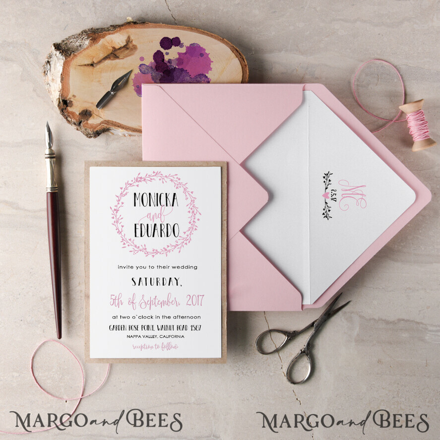 WEDDING INVITATIONS Elegant Invites Classic Cards Elegant Classic Wedding Invitation Floral Wreath Personalized Invitations Patel Pink Paper Wooden Heart Invites with Monogram Envelope Liner