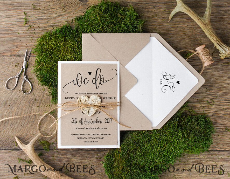 WEDDING INVITATIONS Elegant Invites Classic Cards Cheap Rustic Wedding invitations Eco Craft Minimalist Stationery We Do Romantic Suite with Wooden Heart and Twine Bow