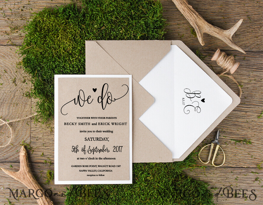 WEDDING INVITATIONS Elegant Invites Classic Cards Cheap Rustic Wedding invitations Eco Craft Minimalist Stationery We Do Romantic Suite with Wooden Heart and Twine Bow