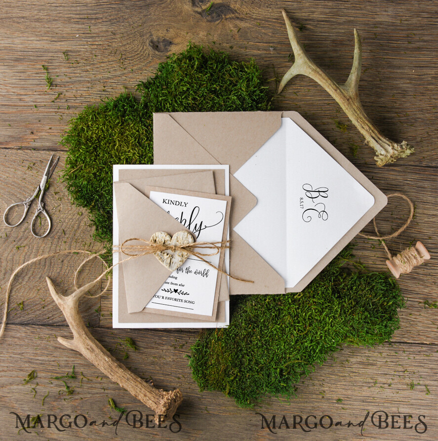 WEDDING INVITATIONS Elegant Invites Classic Cards Cheap Rustic Wedding invitations Eco Craft Minimalist Stationery We Do Romantic Suite with Wooden Heart and Twine Bow