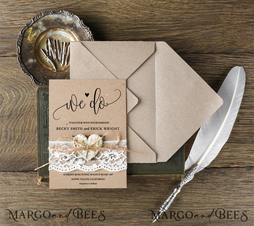 WEDDING INVITATIONS Elegant Invites Classic Cards Cheap Wedding invitations Lace Minimalist Stationery Rustic wreath Suite with Wooden Heart and Twine Bow