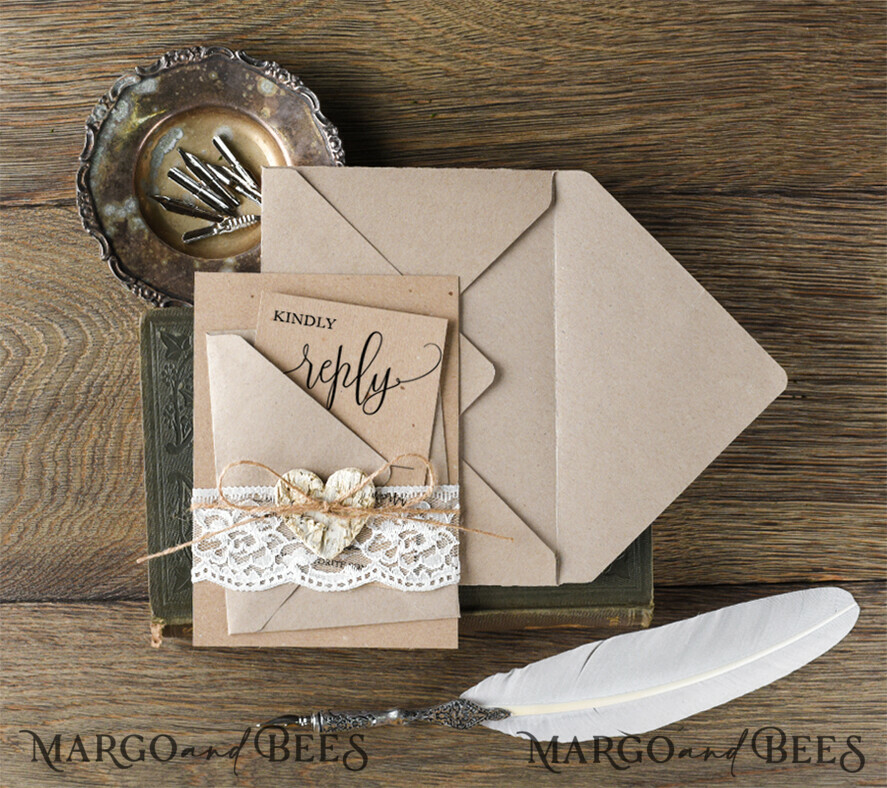 WEDDING INVITATIONS Elegant Invites Classic Cards Cheap Wedding invitations Lace Minimalist Stationery Rustic wreath Suite with Wooden Heart and Twine Bow