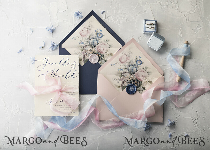 WEDDING INVITATIONS Elegant Invites Classic Cards Vintage Floral Wedding Invitations, Minimalistic Pink Wedding Invites, Delicate Royal Navy Wedding Cards With Hand Dyed Ribbon, Handmade Wedding Stationery