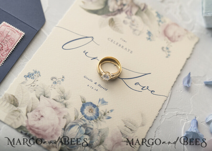 WEDDING INVITATIONS Elegant Invites Classic Cards Vintage Floral Wedding Invitations, Minimalistic Pink Wedding Invites, Delicate Royal Navy Wedding Cards With Hand Dyed Ribbon, Handmade Wedding Stationery