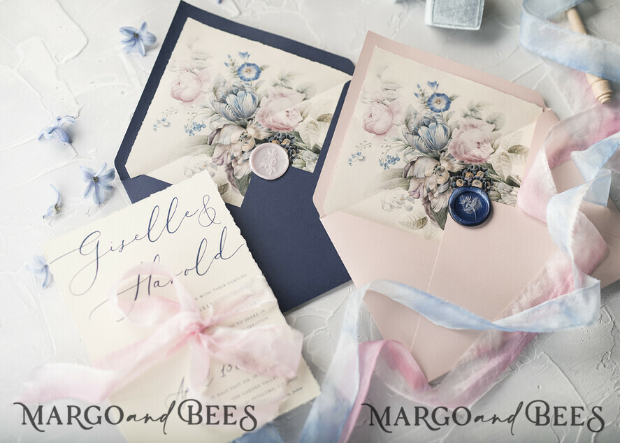 WEDDING INVITATIONS Elegant Invites Classic Cards Vintage Floral Wedding Invitations, Minimalistic Pink Wedding Invites, Delicate Royal Navy Wedding Cards With Hand Dyed Ribbon, Handmade Wedding Stationery