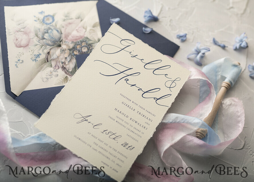 WEDDING INVITATIONS Elegant Invites Classic Cards Vintage Floral Wedding Invitations, Minimalistic Pink Wedding Invites, Delicate Royal Navy Wedding Cards With Hand Dyed Ribbon, Handmade Wedding Stationery