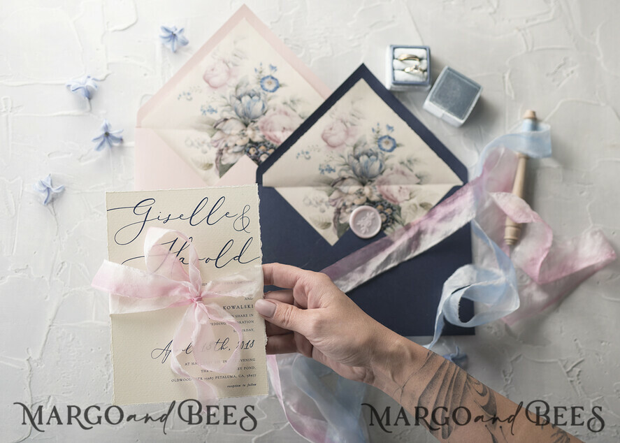 WEDDING INVITATIONS Elegant Invites Classic Cards Vintage Floral Wedding Invitations, Minimalistic Pink Wedding Invites, Delicate Royal Navy Wedding Cards With Hand Dyed Ribbon, Handmade Wedding Stationery