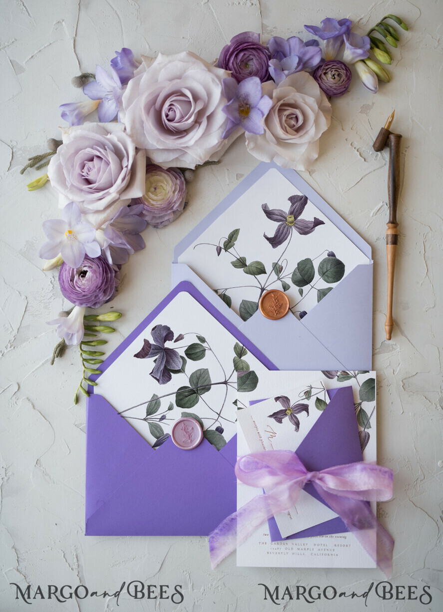 WEDDING INVITATIONS Elegant Invites Classic Cards Elegant Personalized Wedding Invitations with Gold letters Romantic Stationery with Clematis and Handmade Silk Bow Purple Envelope with Floral Liner