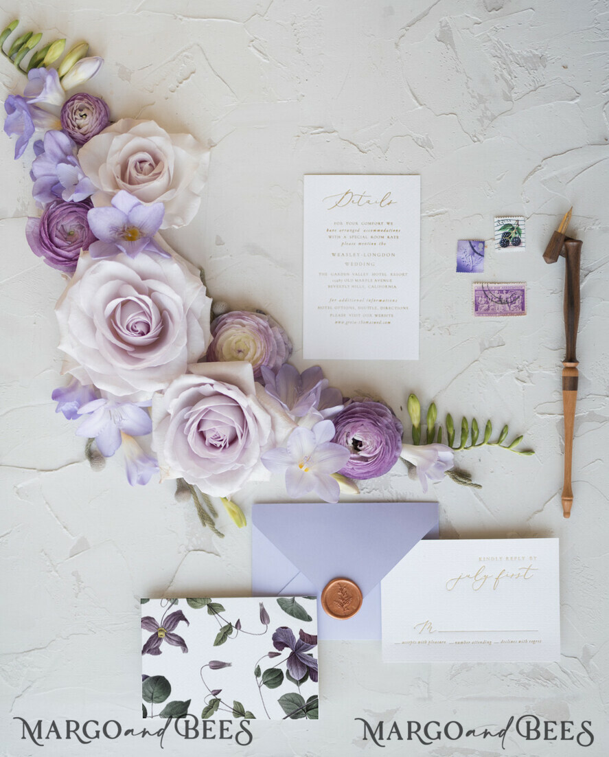 WEDDING INVITATIONS Elegant Invites Classic Cards Elegant Personalized Wedding Invitations with Gold letters Romantic Stationery with Clematis and Handmade Silk Bow Purple Envelope with Floral Liner