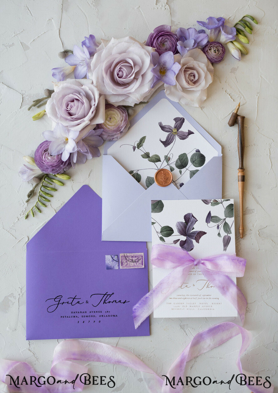 WEDDING INVITATIONS Elegant Invites Classic Cards Elegant Personalized Wedding Invitations with Gold letters Romantic Stationery with Clematis and Handmade Silk Bow Purple Envelope with Floral Liner