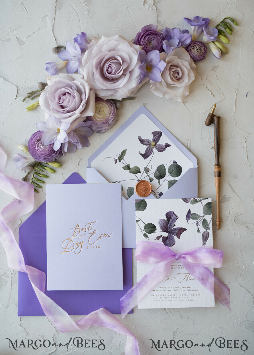 WEDDING INVITATIONS Elegant Invites Classic Cards Elegant Personalized Wedding Invitations with Gold letters Romantic Stationery with Clematis and Handmade Silk Bow Purple Envelope with Floral Liner