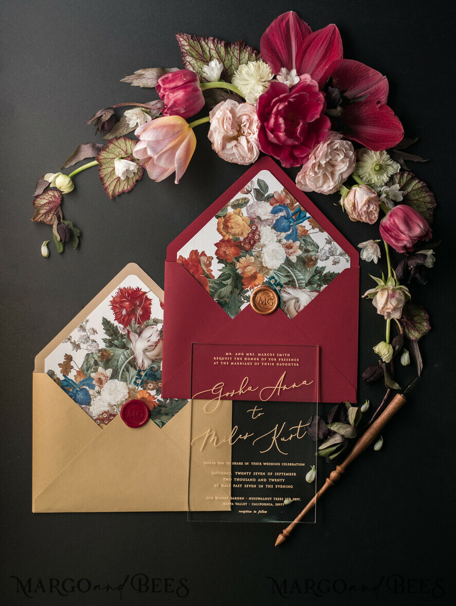 WEDDING INVITATIONS Elegant Invites Classic Cards Luxury Acrylic Plexi Wedding Invitations, Glamour Golden Shine Wedding Invites, Vintage Floral Wedding Cards, Romantic Red And Gold Wedding Invitation Suite