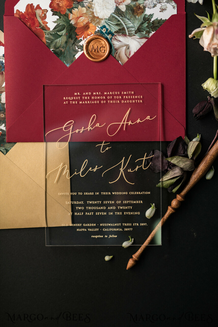 WEDDING INVITATIONS Elegant Invites Classic Cards Luxury Acrylic Plexi Wedding Invitations, Glamour Golden Shine Wedding Invites, Vintage Floral Wedding Cards, Romantic Red And Gold Wedding Invitation Suite