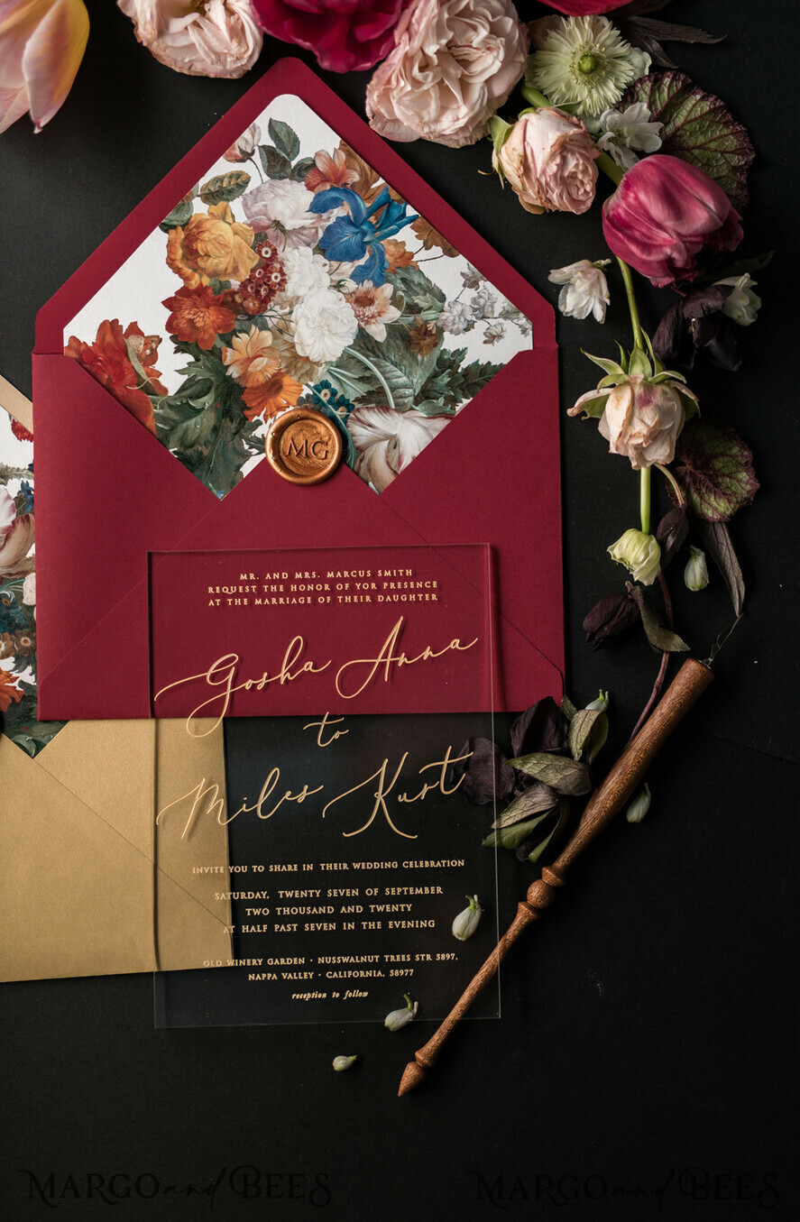 WEDDING INVITATIONS Elegant Invites Classic Cards Luxury Acrylic Plexi Wedding Invitations, Glamour Golden Shine Wedding Invites, Vintage Floral Wedding Cards, Romantic Red And Gold Wedding Invitation Suite