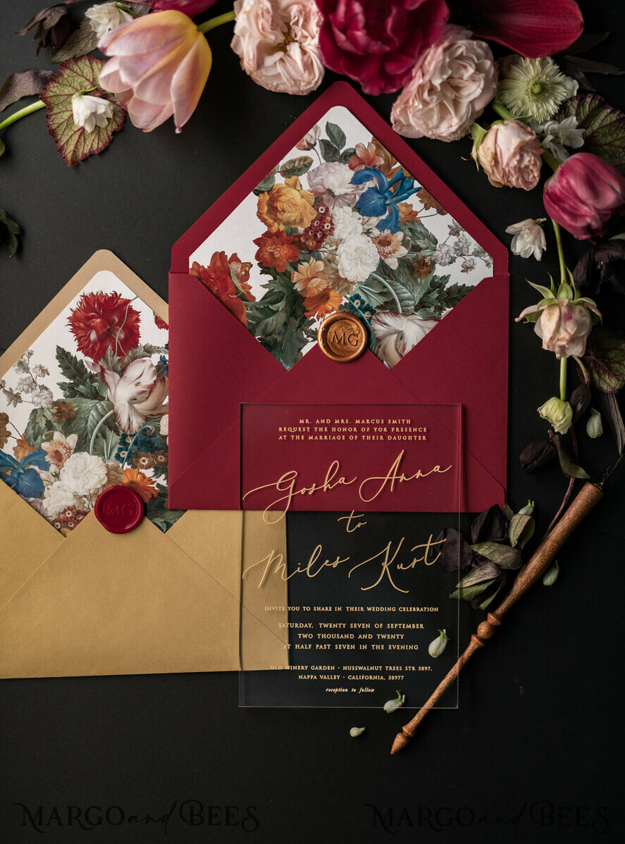 WEDDING INVITATIONS Elegant Invites Classic Cards Luxury Acrylic Plexi Wedding Invitations, Glamour Golden Shine Wedding Invites, Vintage Floral Wedding Cards, Romantic Red And Gold Wedding Invitation Suite