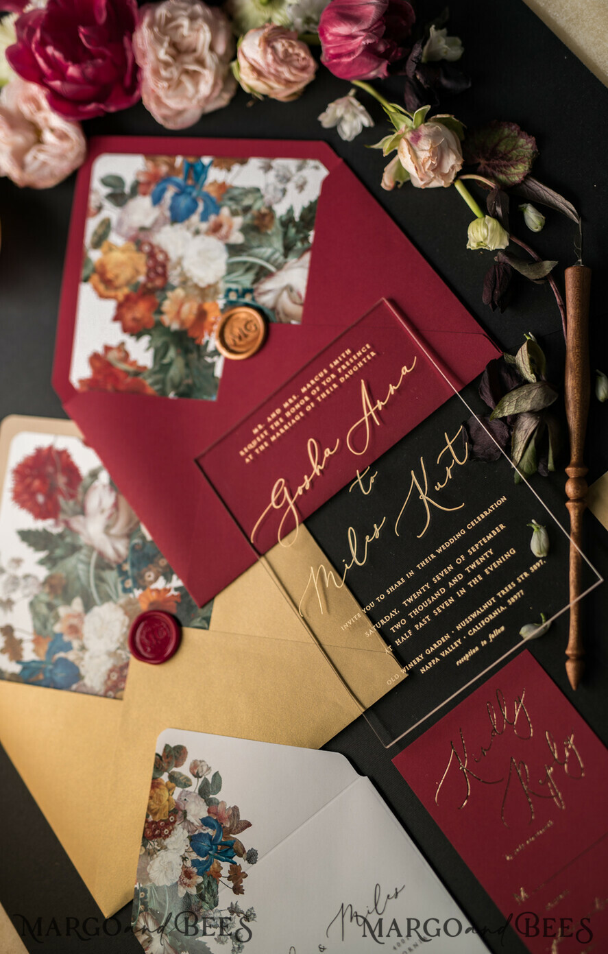 WEDDING INVITATIONS Elegant Invites Classic Cards Luxury Acrylic Plexi Wedding Invitations, Glamour Golden Shine Wedding Invites, Vintage Floral Wedding Cards, Romantic Red And Gold Wedding Invitation Suite