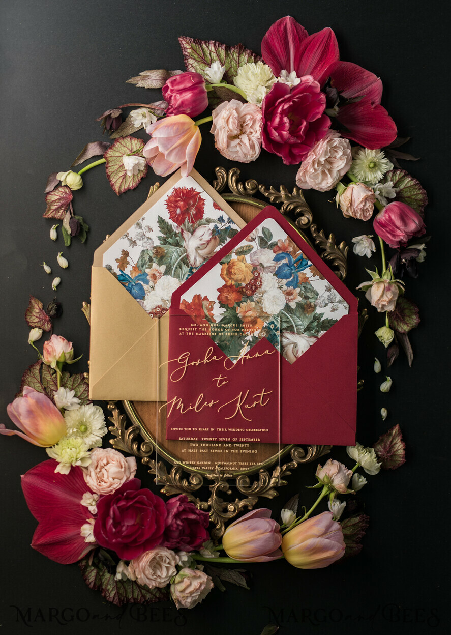 WEDDING INVITATIONS Elegant Invites Classic Cards Luxury Acrylic Plexi Wedding Invitations, Glamour Golden Shine Wedding Invites, Vintage Floral Wedding Cards, Romantic Red And Gold Wedding Invitation Suite