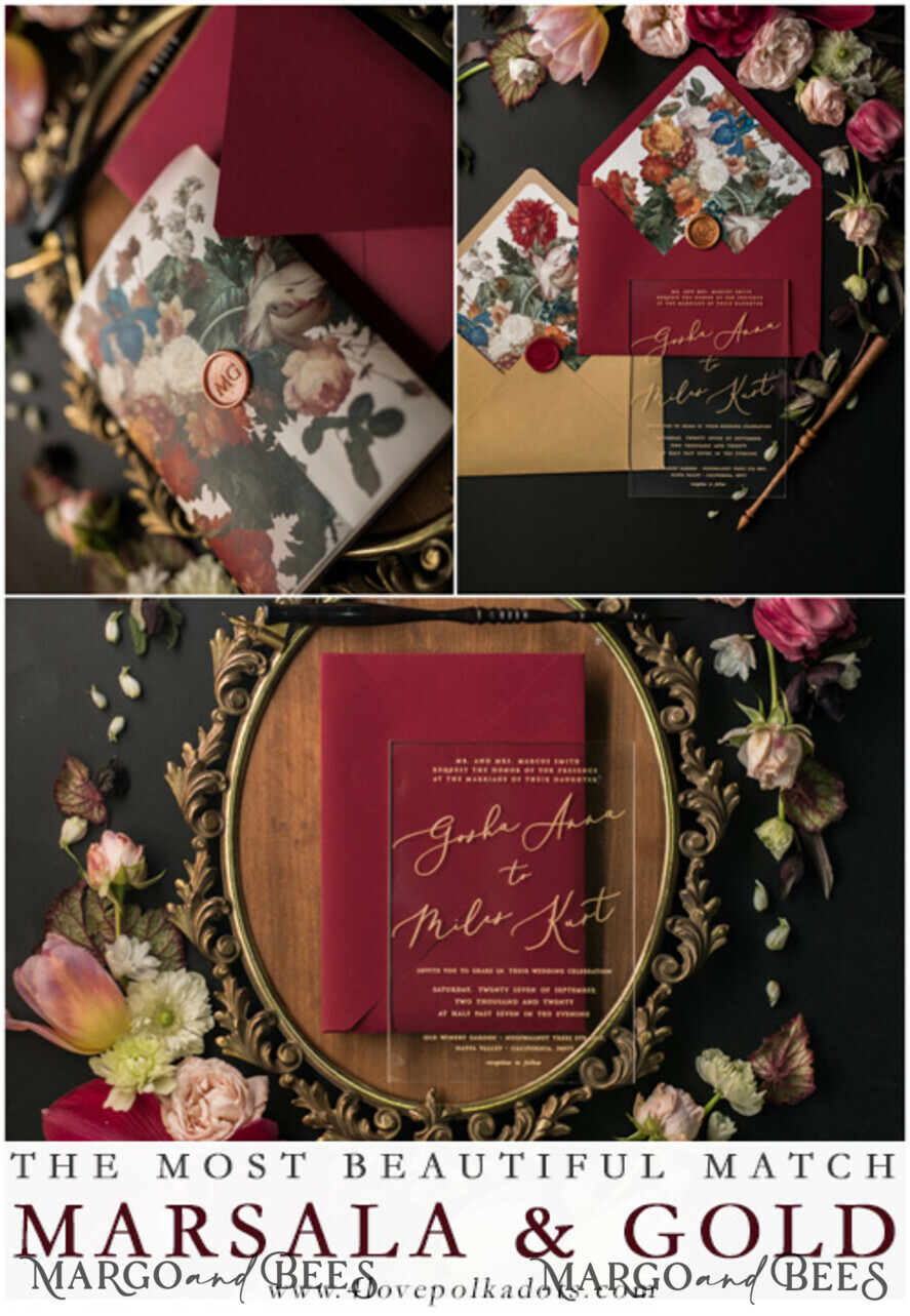 WEDDING INVITATIONS Elegant Invites Classic Cards Luxury Acrylic Plexi Wedding Invitations, Glamour Golden Shine Wedding Invites, Vintage Floral Wedding Cards, Romantic Red And Gold Wedding Invitation Suite