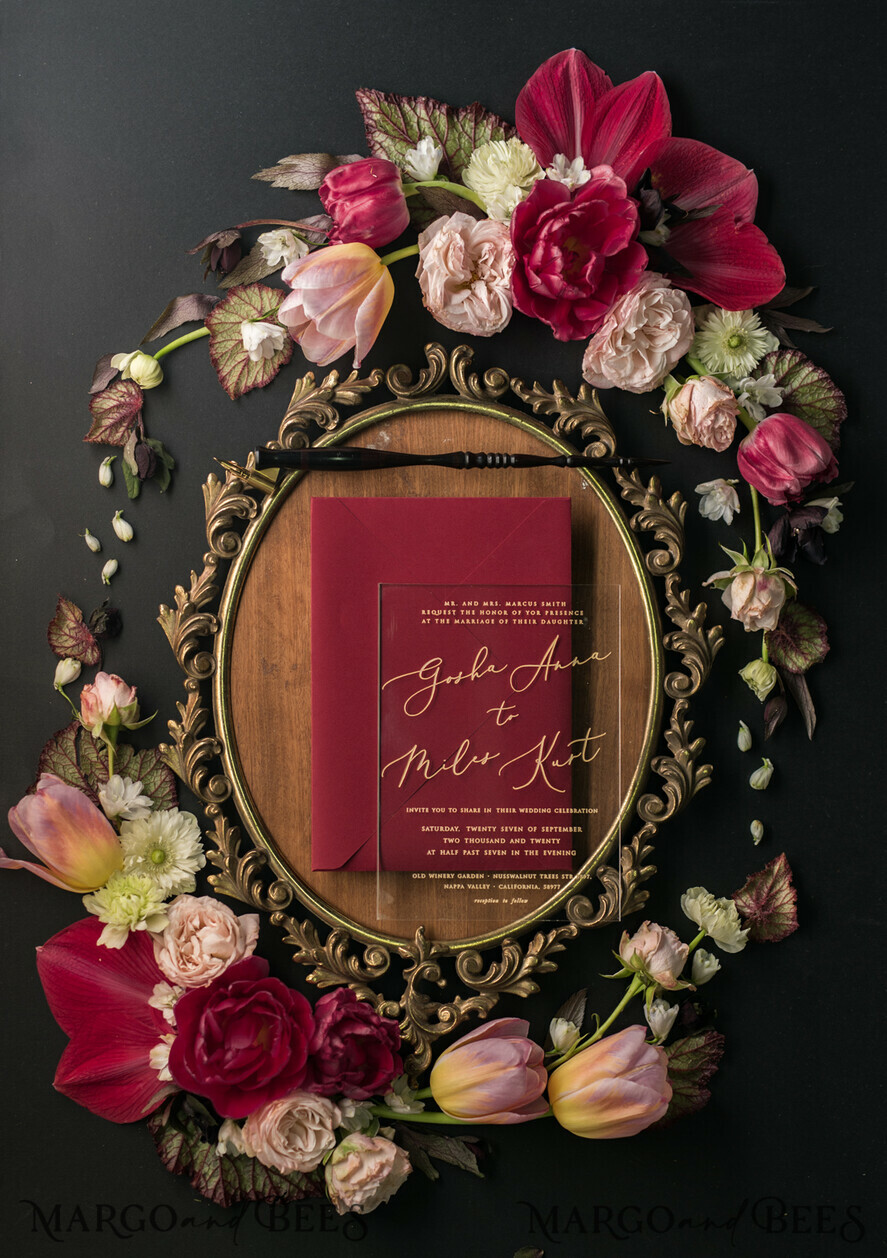 WEDDING INVITATIONS Elegant Invites Classic Cards Luxury Acrylic Plexi Wedding Invitations, Glamour Golden Shine Wedding Invites, Vintage Floral Wedding Cards, Romantic Red And Gold Wedding Invitation Suite