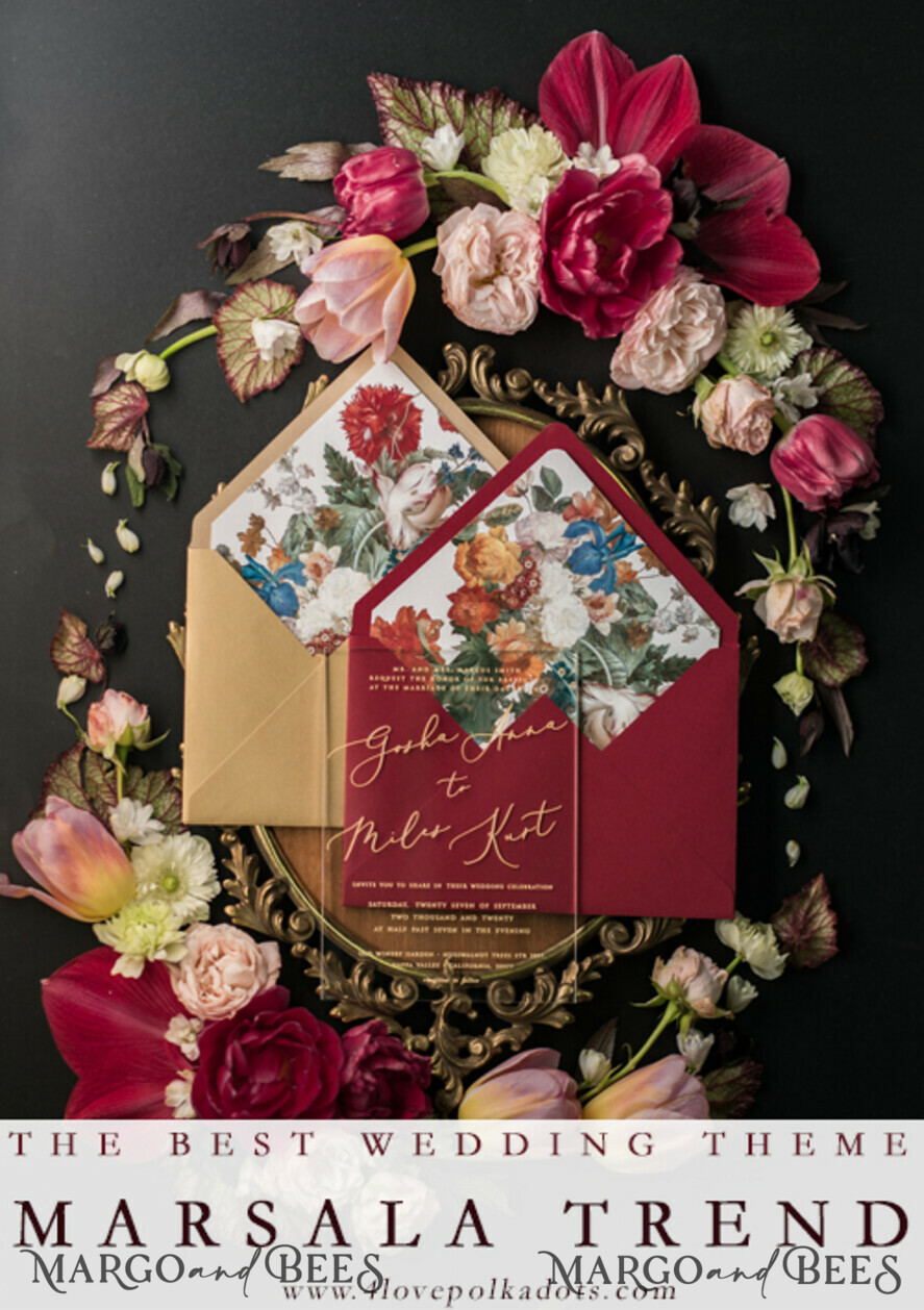 WEDDING INVITATIONS Elegant Invites Classic Cards Luxury Acrylic Plexi Wedding Invitations, Glamour Golden Shine Wedding Invites, Vintage Floral Wedding Cards, Romantic Red And Gold Wedding Invitation Suite