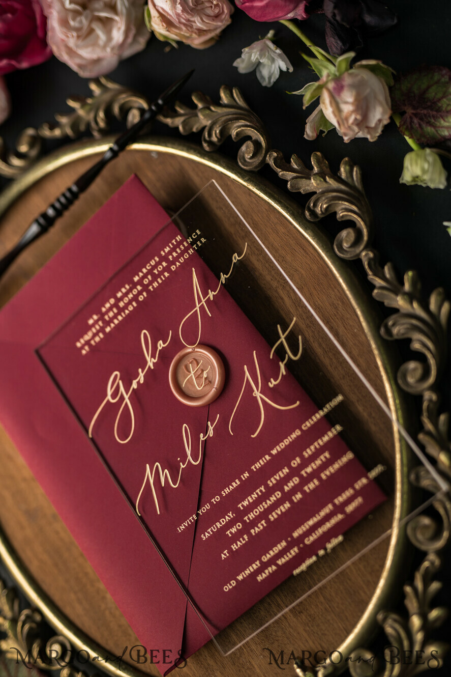 WEDDING INVITATIONS Elegant Invites Classic Cards Luxury Acrylic Plexi Wedding Invitations, Glamour Golden Shine Wedding Invites, Vintage Floral Wedding Cards, Romantic Red And Gold Wedding Invitation Suite