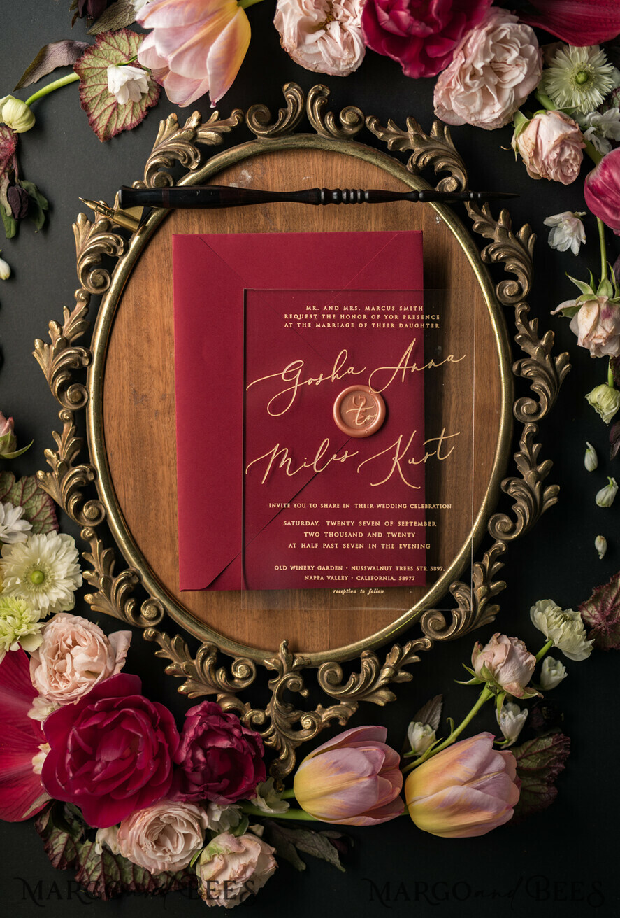 WEDDING INVITATIONS Elegant Invites Classic Cards Luxury Acrylic Plexi Wedding Invitations, Glamour Golden Shine Wedding Invites, Vintage Floral Wedding Cards, Romantic Red And Gold Wedding Invitation Suite