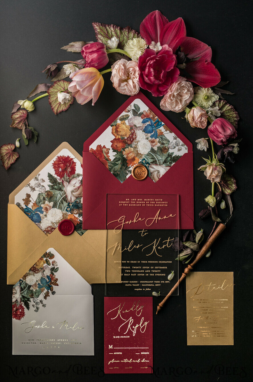WEDDING INVITATIONS Elegant Invites Classic Cards Luxury Acrylic Plexi Wedding Invitations, Glamour Golden Shine Wedding Invites, Vintage Floral Wedding Cards, Romantic Red And Gold Wedding Invitation Suite