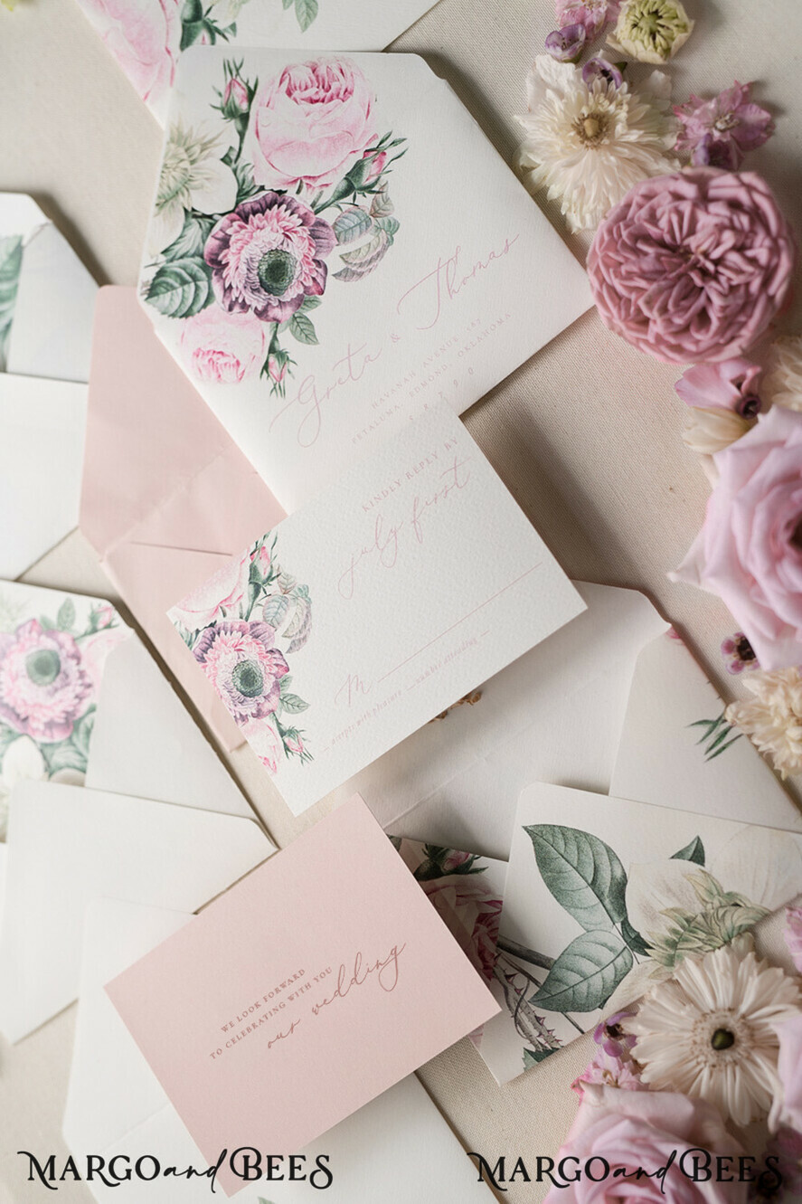 WEDDING INVITATIONS Elegant Invites Classic Cards Vintage Flowers Personalized Wedding Invitations Romantic Stationery with Garden Roses and Handmade Velvet Silk Bow Blush Pink Envelope with monogram Liner