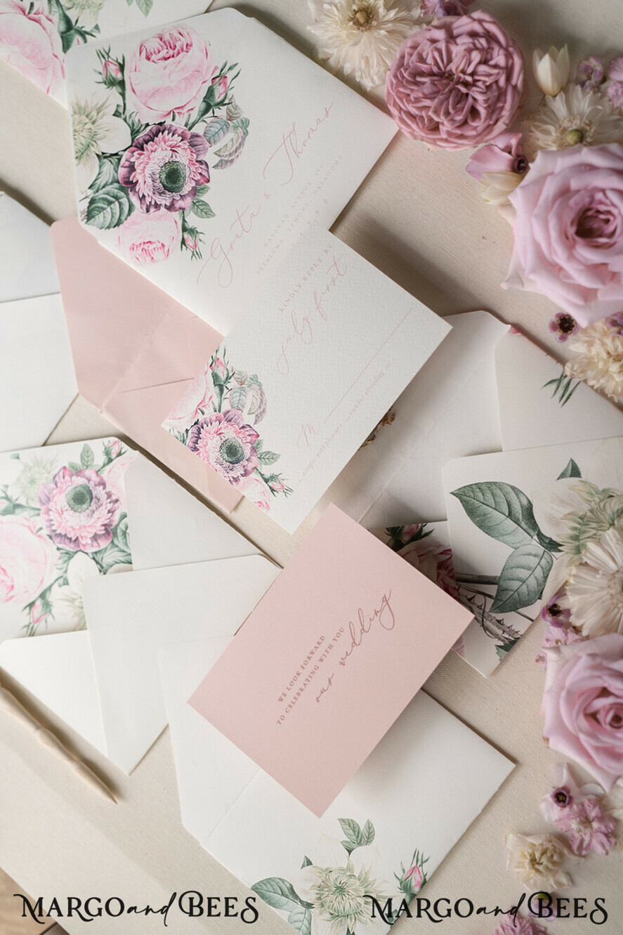 WEDDING INVITATIONS Elegant Invites Classic Cards Vintage Flowers Personalized Wedding Invitations Romantic Stationery with Garden Roses and Handmade Velvet Silk Bow Blush Pink Envelope with monogram Liner