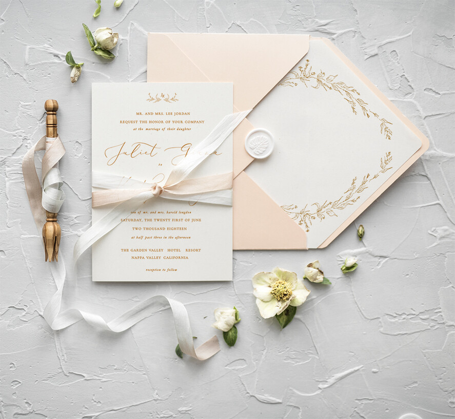 WEDDING INVITATIONS Elegant Invites Classic Cards Minimalist Wedding Invitations Fine Art Stationery with Floral Sketch Wreath Peach Envelope with Monogram Branch Liner