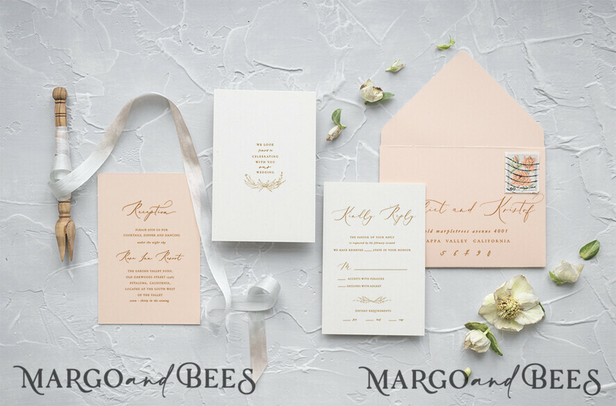 WEDDING INVITATIONS Elegant Invites Classic Cards Minimalist Wedding Invitations Fine Art Stationery with Floral Sketch Wreath Peach Envelope with Monogram Branch Liner