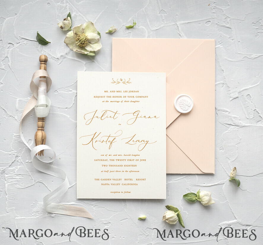 WEDDING INVITATIONS Elegant Invites Classic Cards Minimalist Wedding Invitations Fine Art Stationery with Floral Sketch Wreath Peach Envelope with Monogram Branch Liner