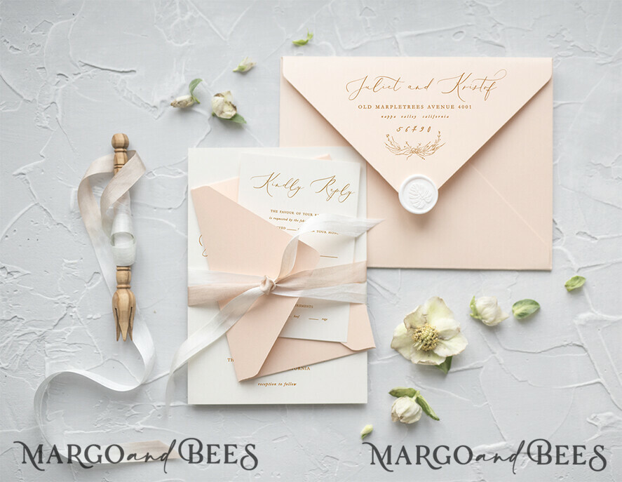 WEDDING INVITATIONS Elegant Invites Classic Cards Minimalist Wedding Invitations Fine Art Stationery with Floral Sketch Wreath Peach Envelope with Monogram Branch Liner
