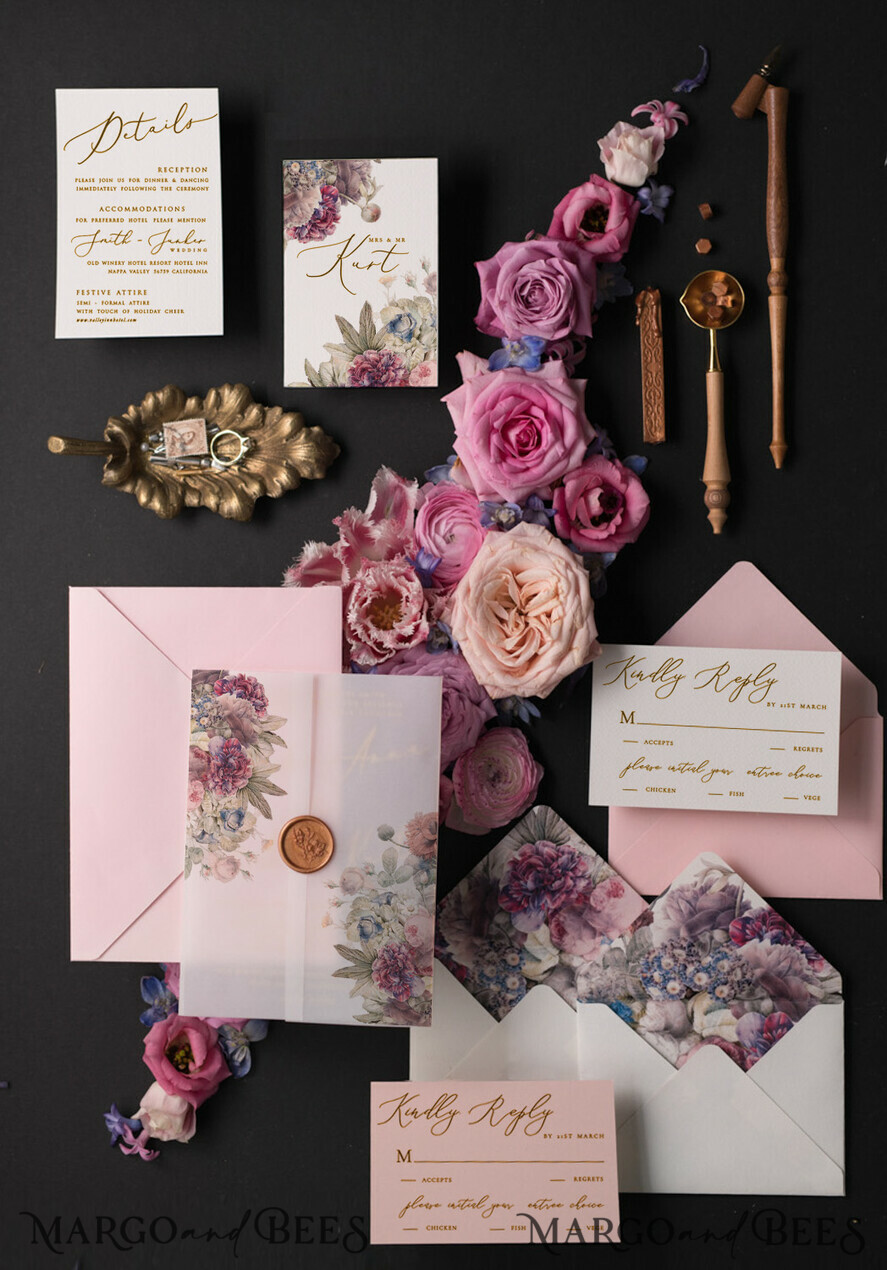 WEDDING INVITATIONS Elegant Invites Classic Cards Vintage Floral Wedding Invitation Suite, Luxury Acrylic Plexi Wedding Invitations, Romantic Pink Wedding Cards, Glamour Golden Wedding Stationery