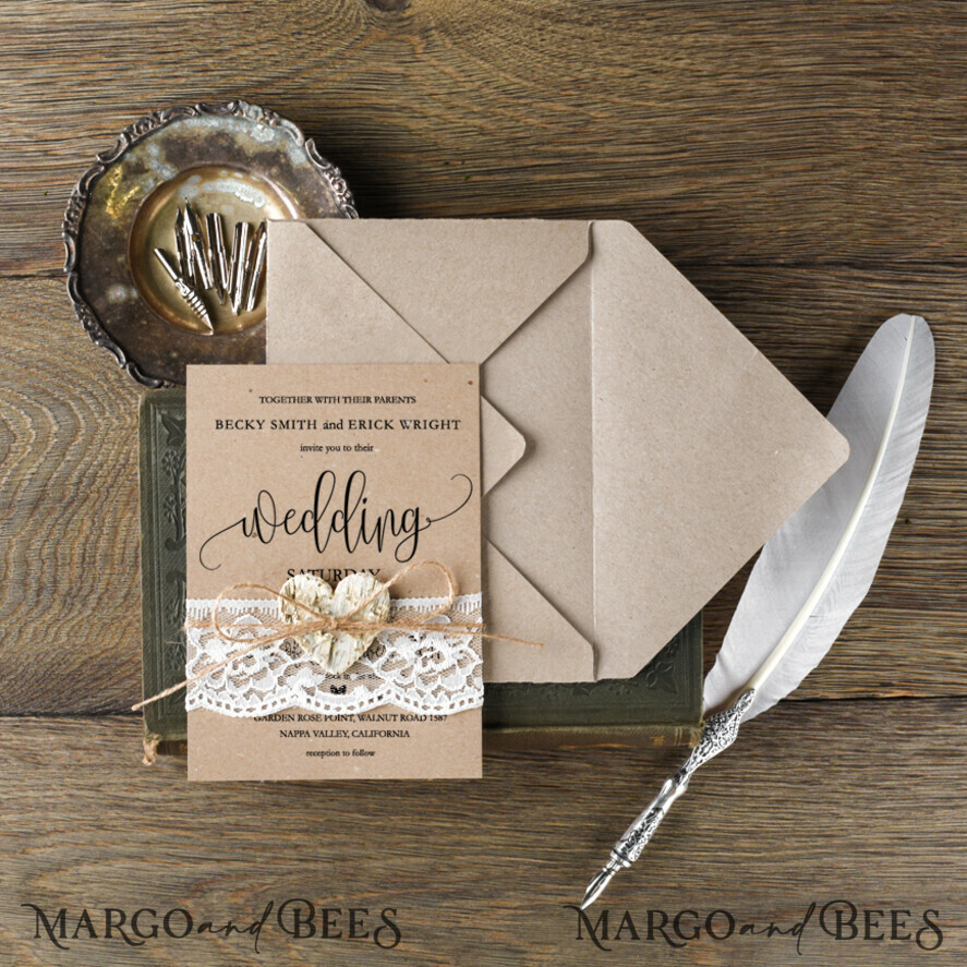 WEDDING INVITATIONS Elegant Invites Classic Cards Cheap Wedding invitations Rustic Stationery Eco Craft Suite with Wooden Heart and Lace and Twine Bow