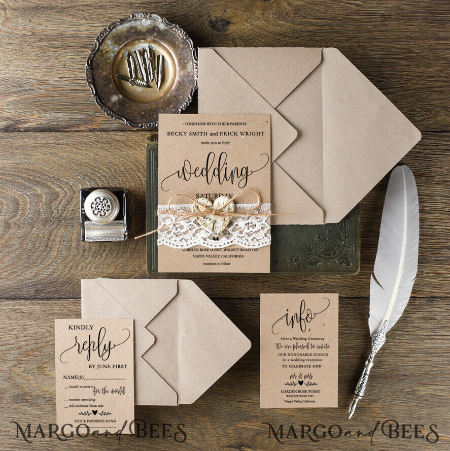 WEDDING INVITATIONS Elegant Invites Classic Cards Cheap Wedding invitations Rustic Stationery Eco Craft Suite with Wooden Heart and Lace and Twine Bow