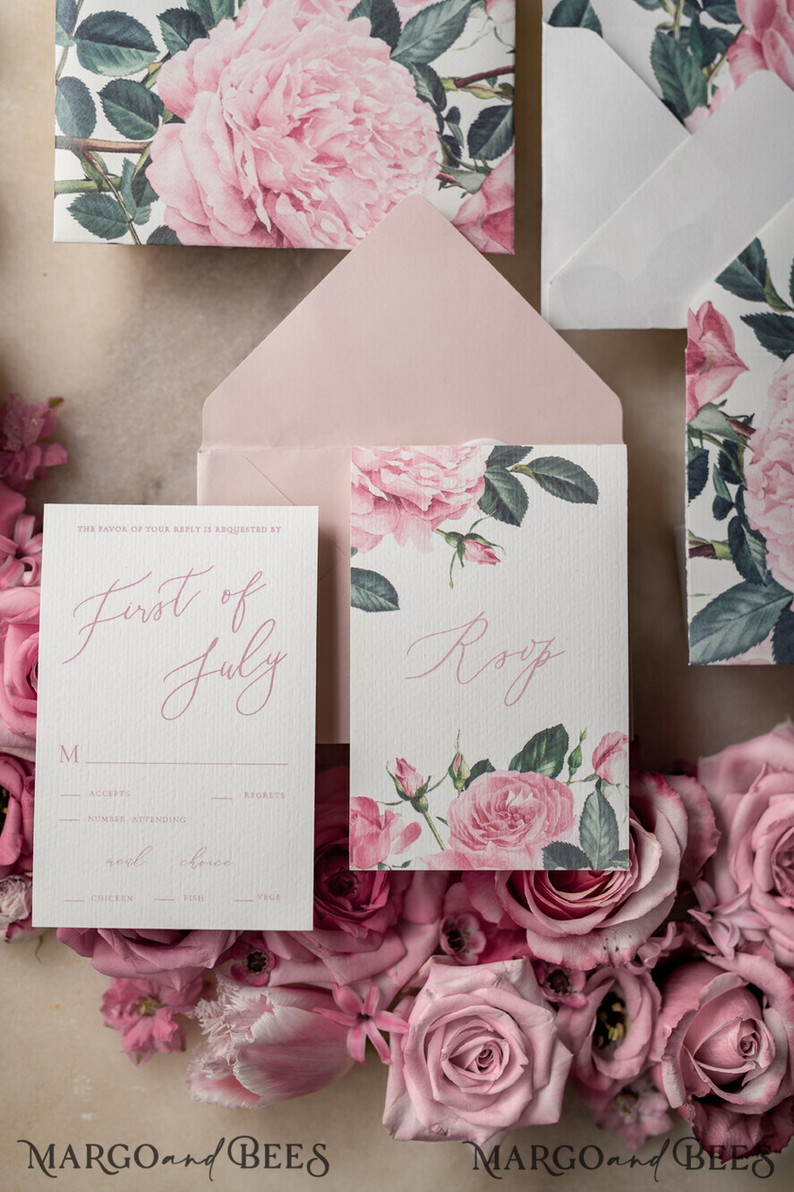 WEDDING INVITATIONS Elegant Invites Classic Cards Romantic Personalized Wedding Invitations Vintage Roses Stationery Handmade Silk Bow Blush Pink Envelope with Monogram Liner
