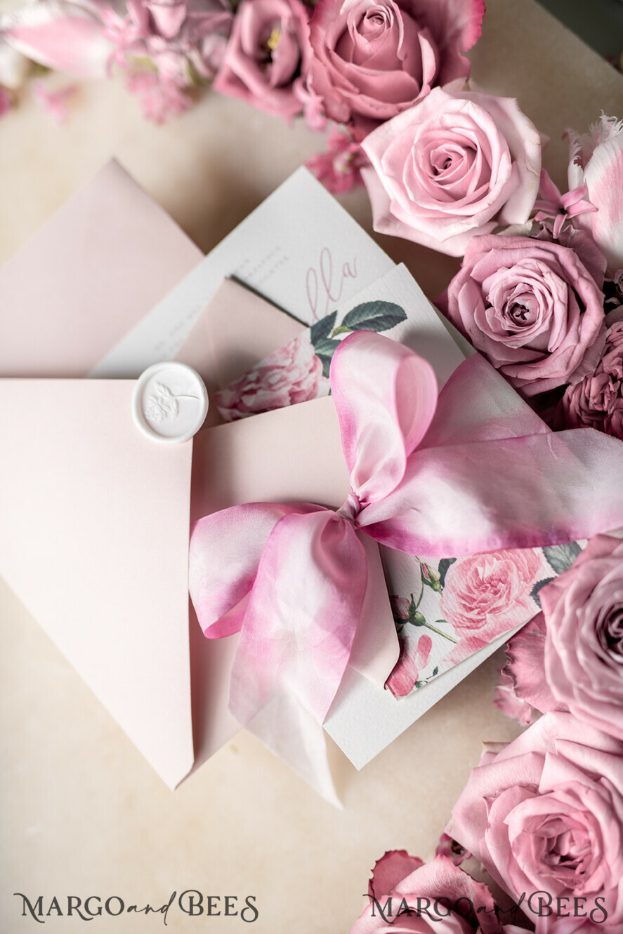 WEDDING INVITATIONS Elegant Invites Classic Cards Romantic Personalized Wedding Invitations Vintage Roses Stationery Handmade Silk Bow Blush Pink Envelope with Monogram Liner