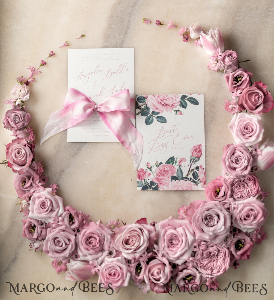 WEDDING INVITATIONS Elegant Invites Classic Cards Romantic Personalized Wedding Invitations Vintage Roses Stationery Handmade Silk Bow Blush Pink Envelope with Monogram Liner