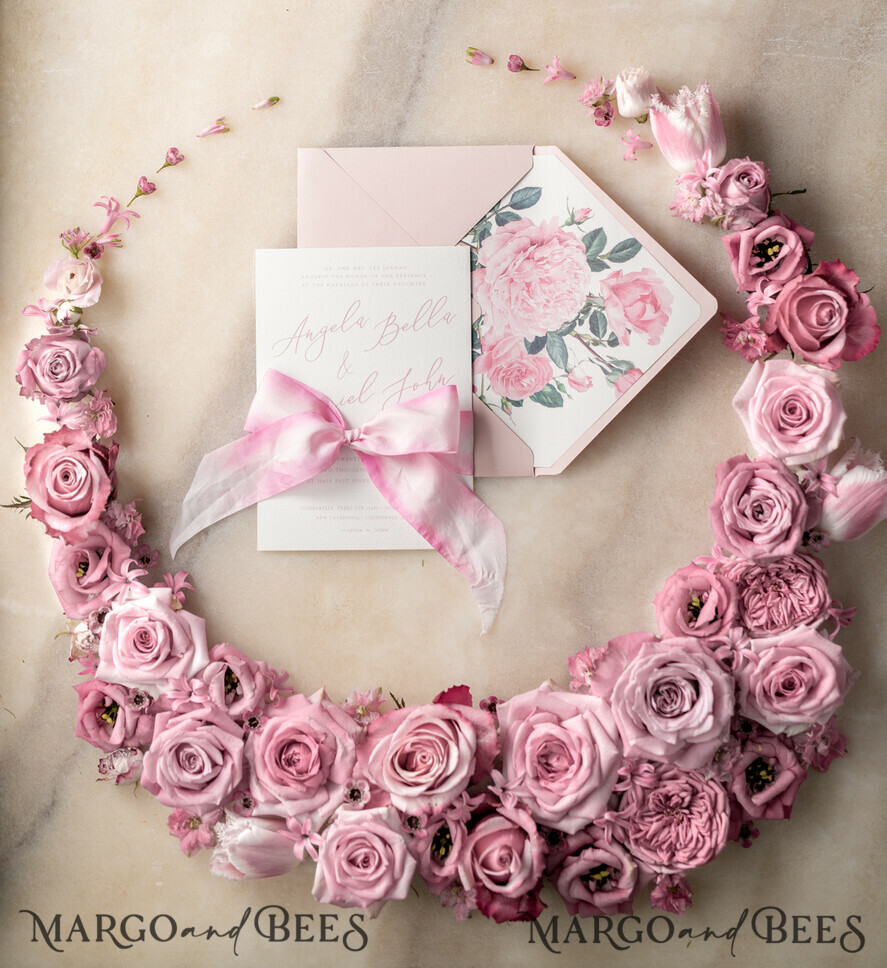 WEDDING INVITATIONS Elegant Invites Classic Cards Romantic Personalized Wedding Invitations Vintage Roses Stationery Handmade Silk Bow Blush Pink Envelope with Monogram Liner