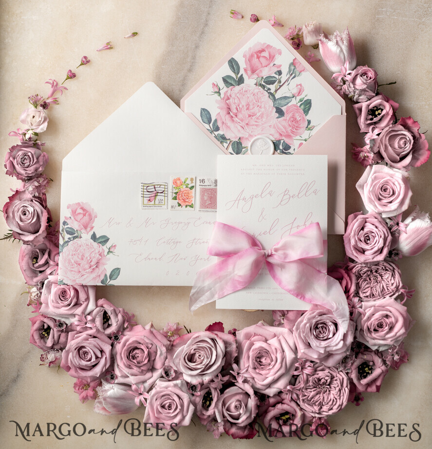 WEDDING INVITATIONS Elegant Invites Classic Cards Romantic Personalized Wedding Invitations Vintage Roses Stationery Handmade Silk Bow Blush Pink Envelope with Monogram Liner