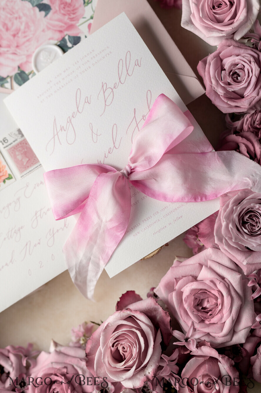 WEDDING INVITATIONS Elegant Invites Classic Cards Romantic Personalized Wedding Invitations Vintage Roses Stationery Handmade Silk Bow Blush Pink Envelope with Monogram Liner